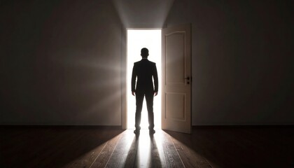 Fototapeta premium Silhouette Of Man Facing Open Door With Bright Light