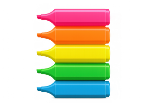 Row of vibrant highlighters arranged in rainbow colors on a transparent background, creating a cheerful and colorful composition