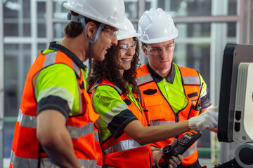 Three people wearing safety gear are standing in front of a computer. Female instructor training...