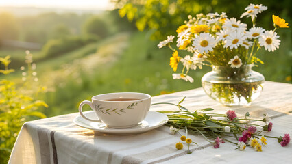 Cup of tea with chamomile and wildflowers on a table in nature. Peaceful summer morning concept for relaxation, slow living, and wellness.