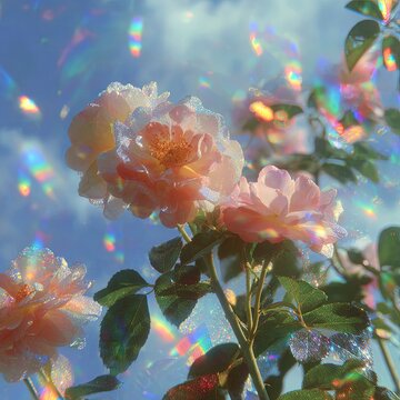 Holographic Pink Roses in Fairy Tale Sky, Crystal Petals with Rainbow Dewdrops and Ethereal Light Particles, Dreamy Surreal Art