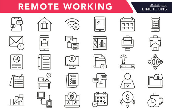 Remote working linear icon set. Work from home, hybrid work, flexible working, meeting, work online, home office,freelance, digital nomad, office, work at home vector icon set. UI thin line icon pack.