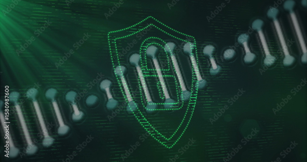 Poster displaying security chain linking nodes across virtual network grid, with green dotted shield icon