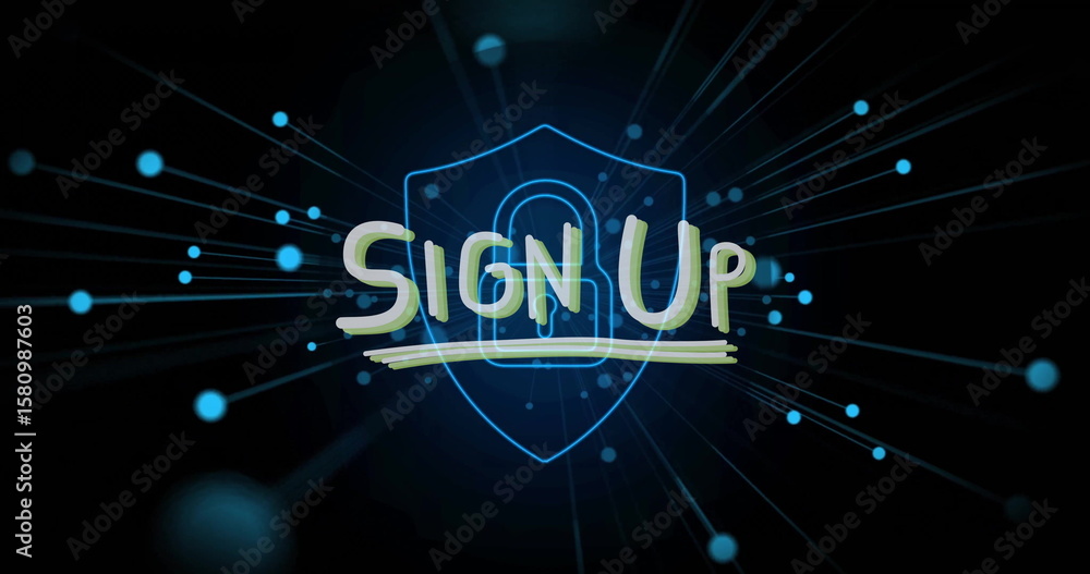 Poster displaying neon green sign up text on shield padlock, radiating blue lines and nodes on interface