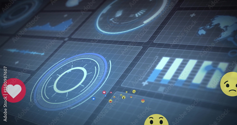 Poster displaying central holographic gauge panel updating data on virtual dashboard, with reaction emojis