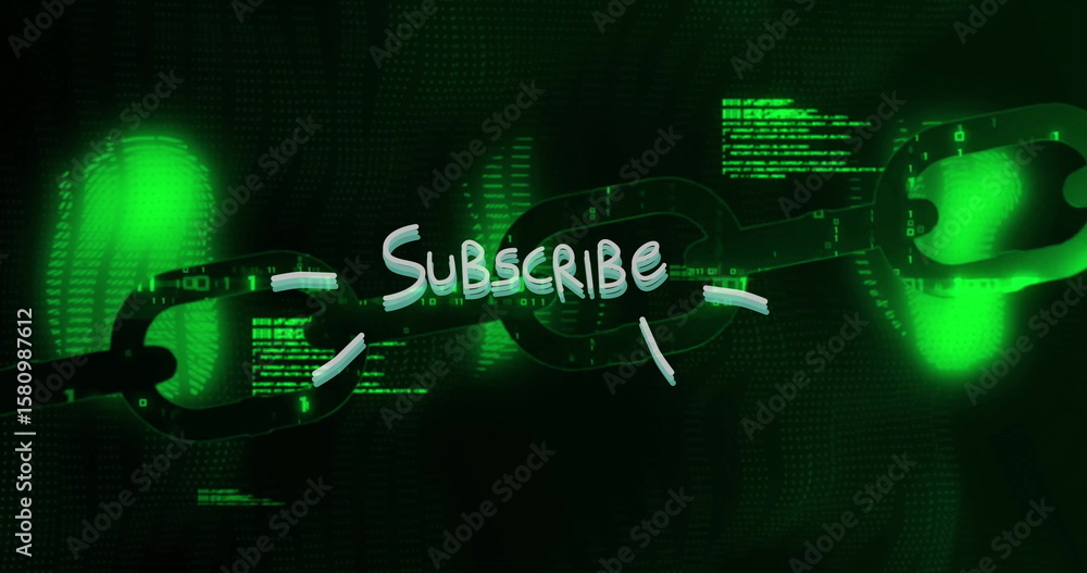 Poster floating chain link glowing over virtual code streams backdrop, with neon green subscribe text