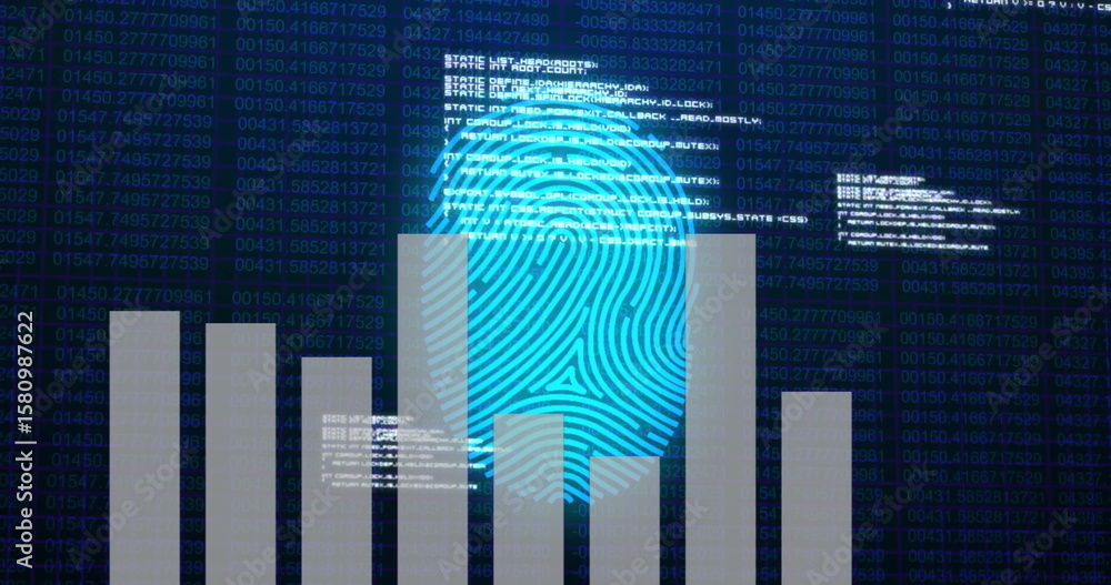 Poster Displaying blue fingerprint overlaying green matrix on dashboard, with code snippets and bars