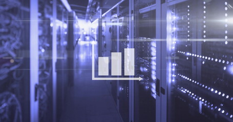 Glowing server cabinets showing LED-lit doors with translucent bar chart in data center, copy space
