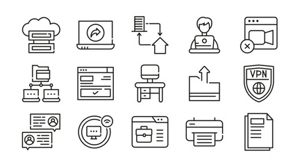 Remote working linear icon set. Work from home, hybrid work, flexible working, meeting, work online, home office,freelance, digital nomad, office, work at home vector icon set. UI thin line icon pack.
