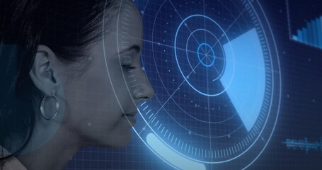 Analyzing female technician scanning holographic interface on grid panel in lab, copy space