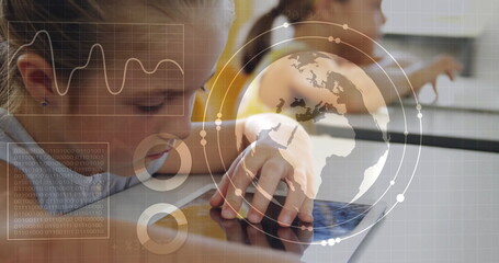 Leaning girl in light top interacting with tablets in classroom, digital data overlay, copy space