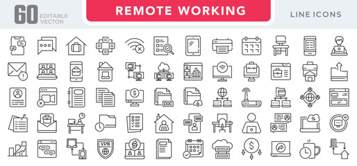 Remote working linear icon set. Work from home, hybrid work, flexible working, meeting, work online, home office,freelance, digital nomad, office, work at home vector icon set. UI thin line icon pack.