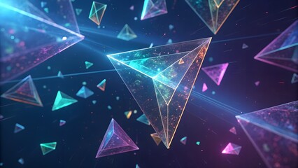 Glowing triangular shapes floating in space. Perfect for sci-fi, digital design, and technology themes.