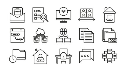 Remote working linear icon set. Work from home, hybrid work, flexible working, meeting, work online, home office,freelance, digital nomad, office, work at home vector icon set. UI thin line icon pack.