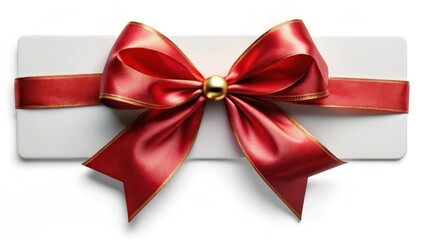 Fototapeta premium Elegant red satin ribbon bow adorns a blank gift card, perfect for celebratory occasions