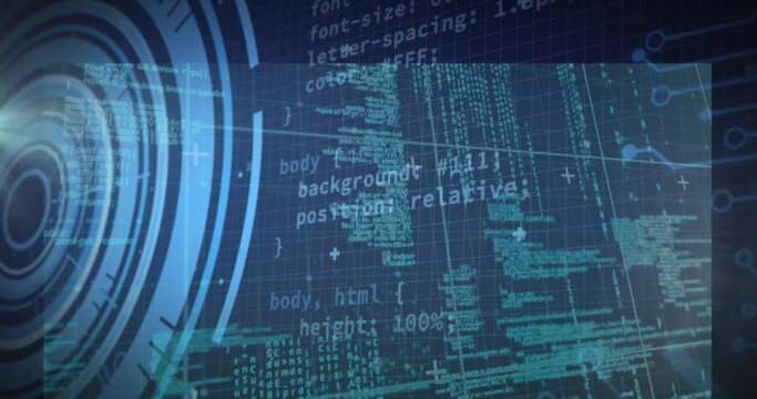 Displaying code panel showing HTML CSS snippets on wireframe grid, with circular HUD and scan-lines