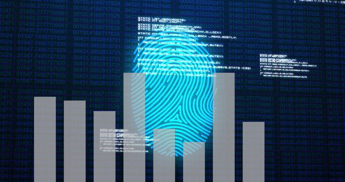 Displaying blue fingerprint overlaying green matrix on dashboard, with code snippets and bars
