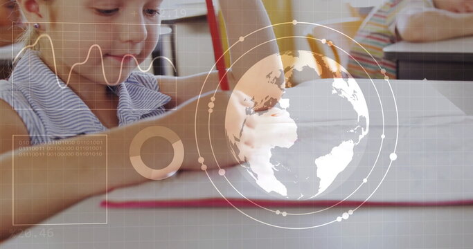 Writing student at school desk with notebook pencil and digital globe graph overlay, copy space