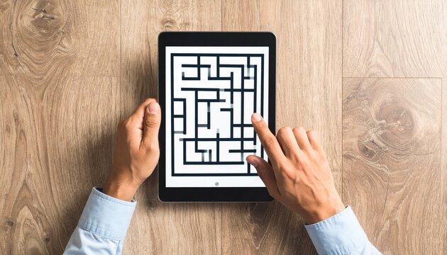 Hands Solving Digital Maze Puzzle On Tablet