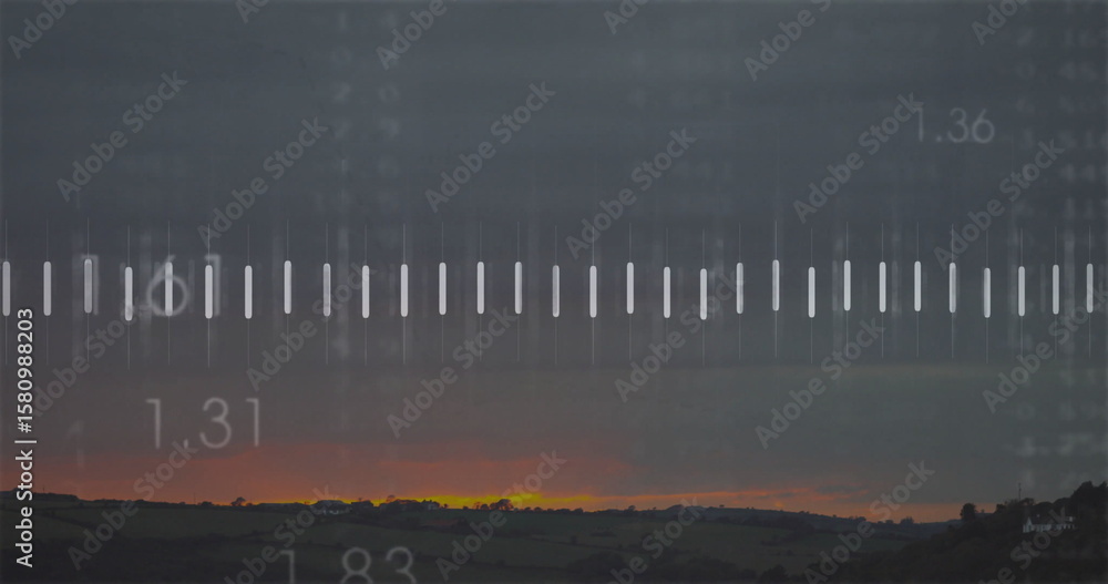 Poster overlaying digital progress bar over rural dawn horizon, highlighting tick marks and numeric data