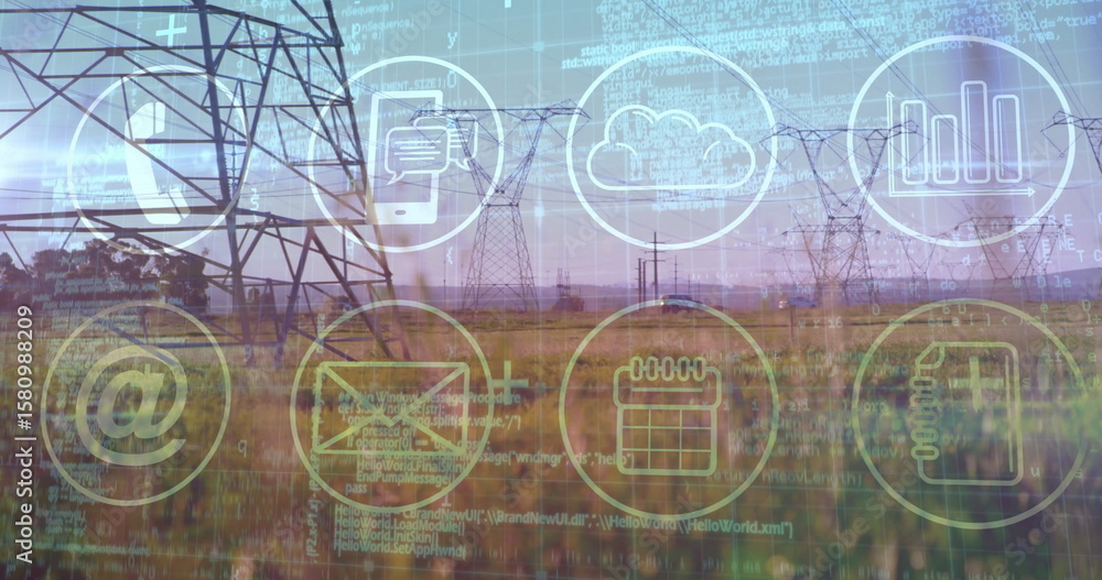 Poster highlighting power pylon looming over grassy field with connectivity icons code overlay, copy space