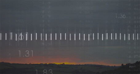 Obraz premium Overlaying digital progress bar over rural dawn horizon, highlighting tick marks and numeric data