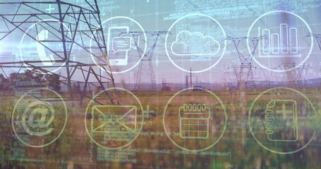Highlighting power pylon looming over grassy field with connectivity icons code overlay, copy space