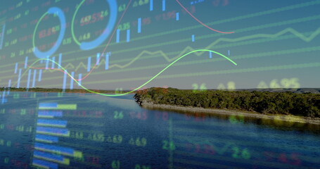 Naklejka premium Displaying forested peninsula reflecting lake water lakeside, with stock charts and numeric data