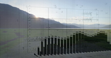 Displaying transparent 3D bar chart floating over grassy valley, with black bars and numeric labels