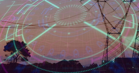 Towering lattice pylon holding power lines over dusk skyline, with circular HUD overlay, copy space
