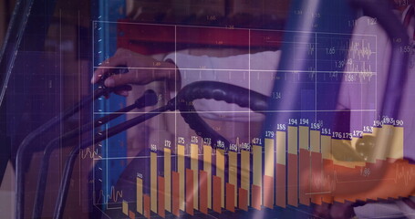 Warehouse operator using forklift controls in warehouse with pallets, shelves, financial overlay