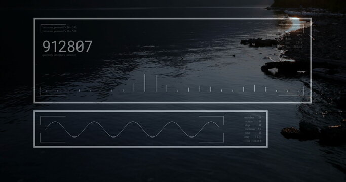 Floating HUD displaying readout 912807 over rocky coast at dusk, with bar chart and sine wave