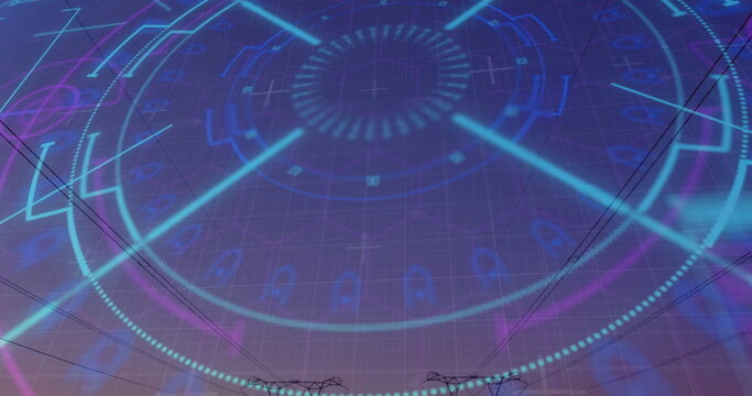 Neon blue-purple digital interface blending into sky grid above field, with towers and power lines