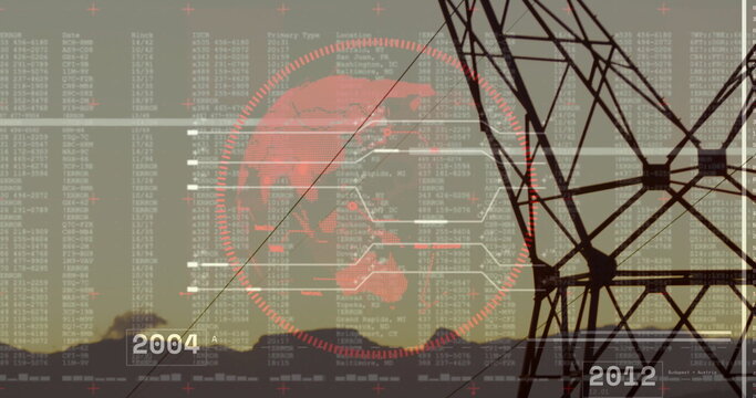 Silhouetting tower overlaying world map, code streams, timeline markers across dusk sky, copy space - Powered by Adobe