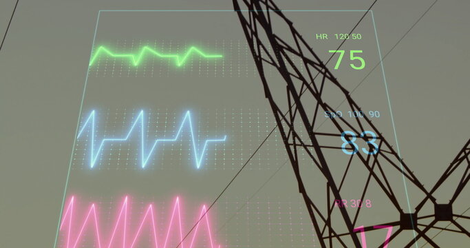 Steel lattice tower projecting holographic waveforms at dawn, with vital sign metrics, power lines - Powered by Adobe
