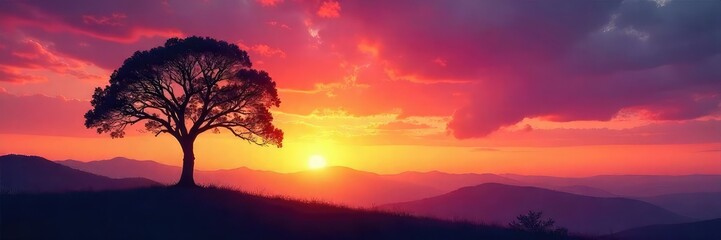 Obraz premium Lone Tree Silhouette at Sunset Isolation and Solitude in a Vast Landscape, Twilight Reflection