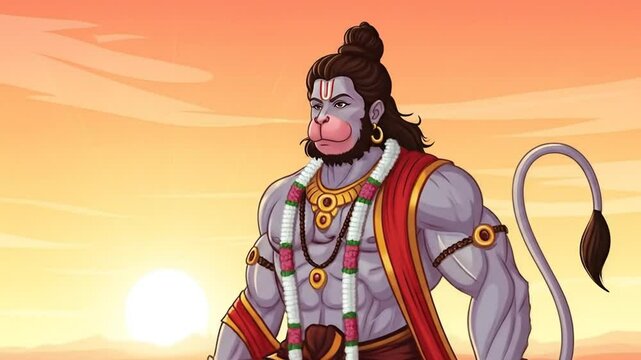 Digital illustration of Hanuman, the monkey deity, poised on a mountaintop against a golden sunset