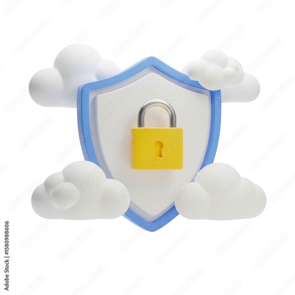Poster 3d cloud security shield with padlock isolated on transparent background