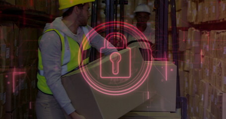 Lifting warehouse worker moving boxes using forklift in aisle, digital lock overlay, copy space