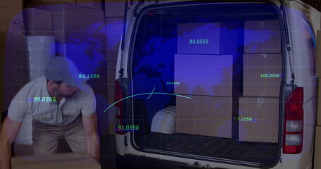 Male worker bending and lifting box in warehouse, with white cargo van, digital overlay, copy space