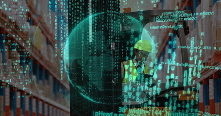 Worker wearing vest scanning tablet in storage aisle, with wireframe globe code overlay, copy space