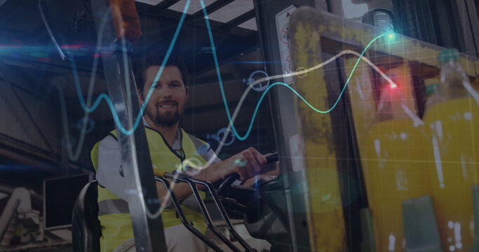 Operating forklift driver wearing safety vest steering controls at warehouse, with digital overlay