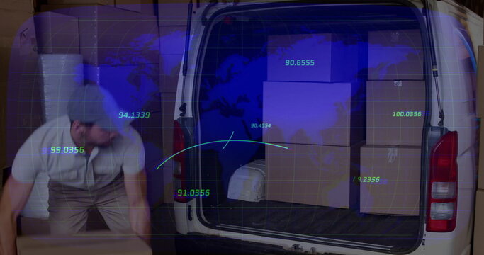 Male worker bending and lifting box in warehouse, with white cargo van, digital overlay, copy space - Powered by Adobe