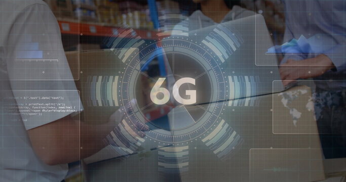 Warehouse workers in polo shirts scanning packages, with 6G interface overlaying boxes