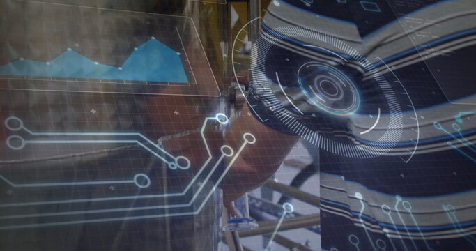 Tightening gloved builder with HUD fastening scaffolding tube clamp at renovation site, copy space