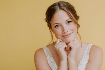 Portrait of a beautiful red haired woman with blue eyes smiling brightly