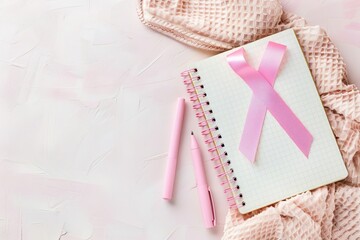 Naklejka premium Flat lay composition featuring a pink awareness ribbon placed on an open notebook next to a matching pink pen, on a textured pastel background. This symbolic setup highlights breast cancer awareness, 