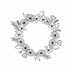 Floral wreath frame black and white illustration.
