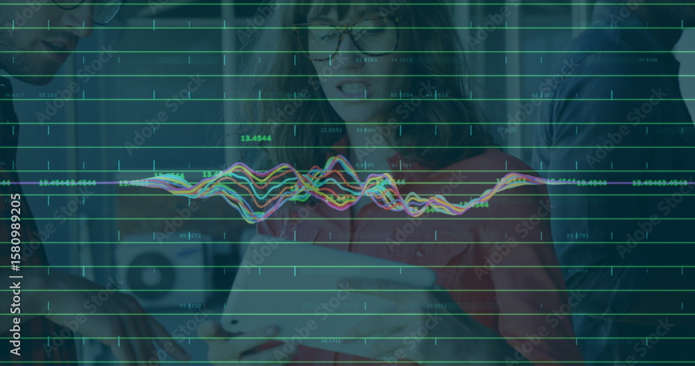 Aufkleber collaborating team analyzing data on tablet in office, with green data line graphs and waveforms