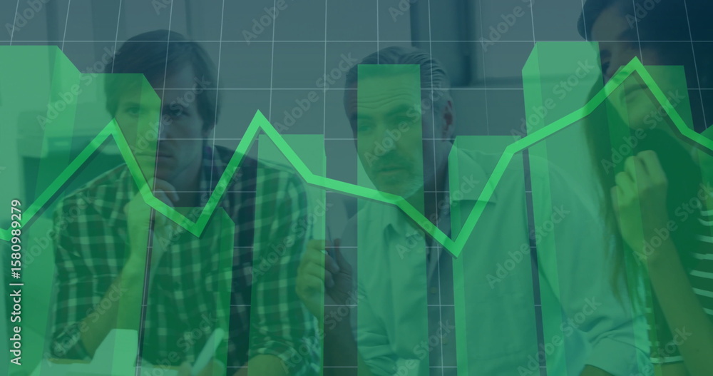 Poster analyzing business team studying chart overlay with gridlines in boardroom, with pens notebooks